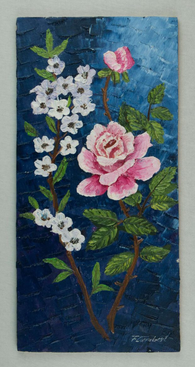 Rosarote und weiße Blüten vor blauem Hintergrund